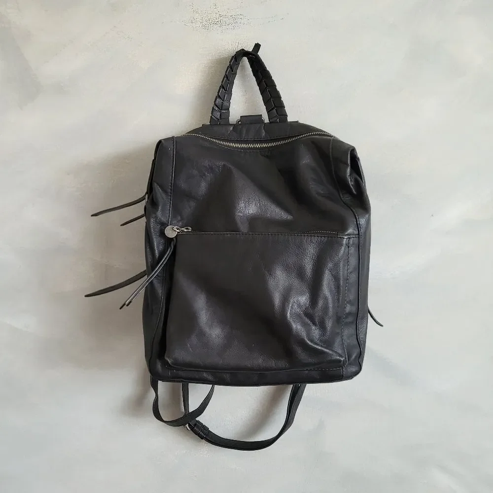 Lucky Brand Women's Black Leather Small Medium Backpack Purse Braided Hook Boho